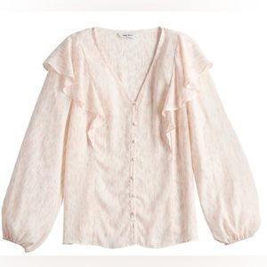 NWOT Nine West Pink Animal Print Flounce Trim Long Sleeve V-Neck Blouse Medium